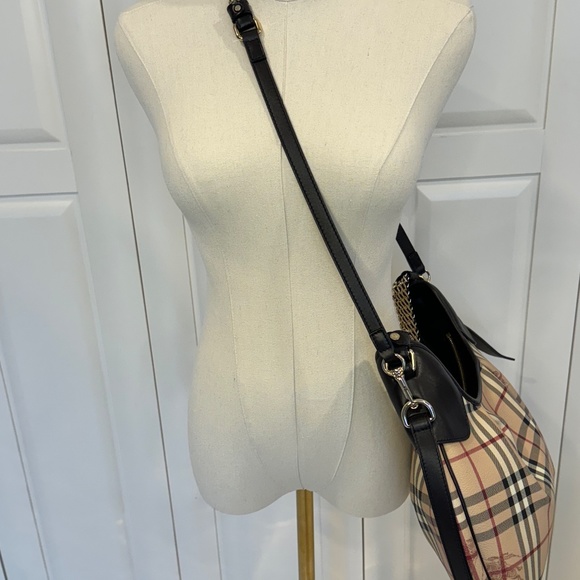 BURBERRY Chocolate Brown Leather Haymarket Check Coated Canvas Chain Strap Hobo - Picture 3 of 17